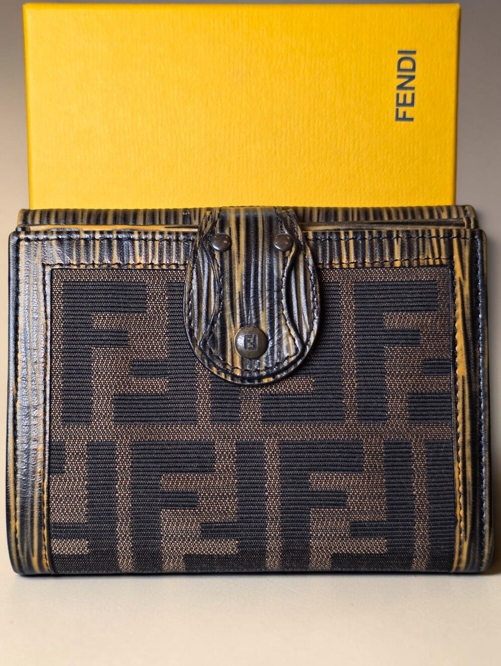 Fendi Zucca Brown and Black FF Logo Compact Snap Wallet Full Set